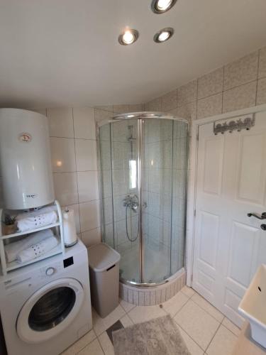 a bathroom with a shower and a washing machine at Apartman Lucia in Posedarje