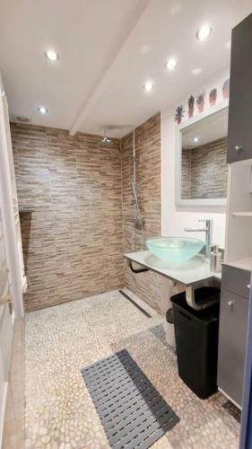 une salle de bain avec un lavabo et une douche en verre dans l'établissement Loc Cap Phoebus, atypique, au calme dans la Pinède, au Cap d'Agde