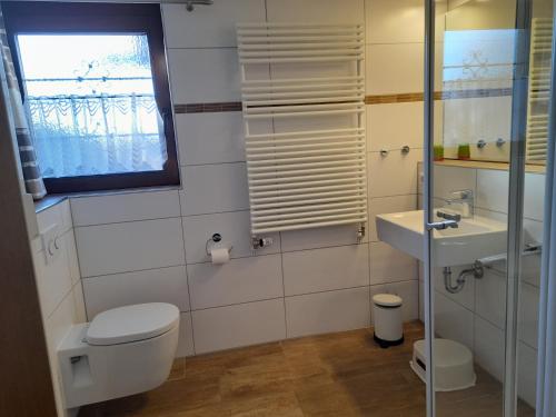 een badkamer met een toilet, een wastafel en een raam bij Villa Leni im Schwarzwald in Bad Dürrheim