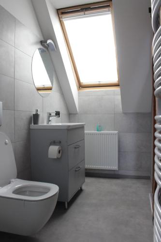 La salle de bains est pourvue de toilettes, d'un lavabo et d'une lucarne. dans l'établissement Apartmán Špejchar Starý Plzenec, à Starý Plzenec
