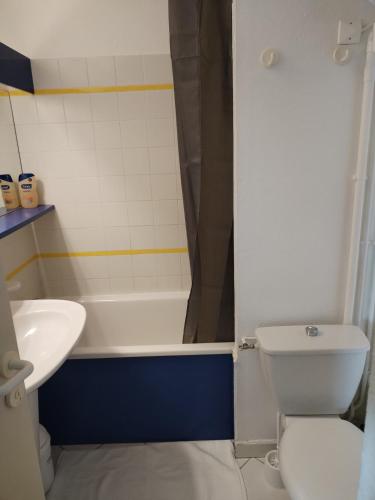 une salle de bain avec un lavabo, des toilettes et une baignoire dans l'établissement Cap sur le Lac, au Barcarès