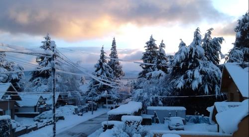 uma vista para uma floresta coberta de neve com árvores em HOTEL LE CHARME con parking em San Carlos de Bariloche