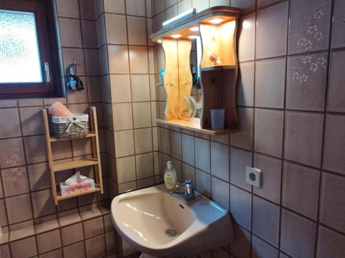 a bathroom with a sink and a mirror at Nassfeld and Lake Apartment in Hermagor