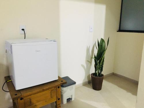 a white refrigerator in a room with a potted plant at Apartamento Central 3 Centro Cunha in Cunha