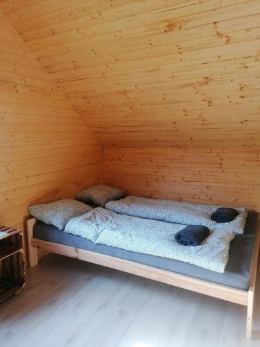 2 cani sdraiati su un letto in una camera di legno di Lisi Zakątek a Czarna