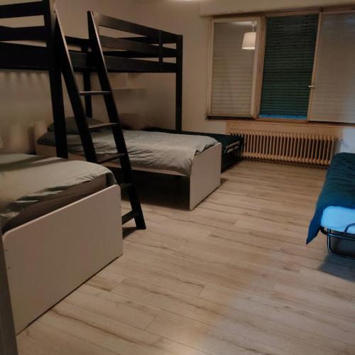 1 Schlafzimmer mit 2 Etagenbetten und Holzboden in der Unterkunft 201Hervale in Straßburg