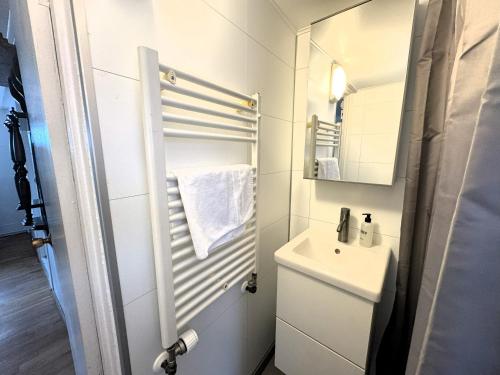 Day Dream Mjostraeti 10a في ريكيافيك: حمام أبيض مع حوض ومرآة