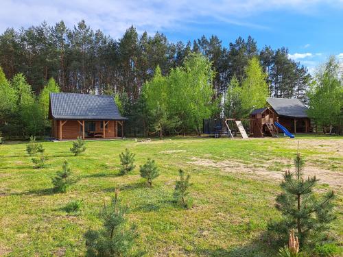 a log cabin in a field with a playground at Białobrzeskie domek letniskowy in Żuki