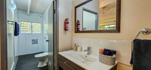 a bathroom with a sink and a toilet and a mirror at Tipani Lodge - Free and Unlimited Wifi in Rarotonga