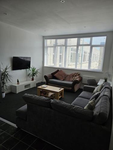 a living room with two couches and a tv at 15 Espionage Place, Portland in Portland