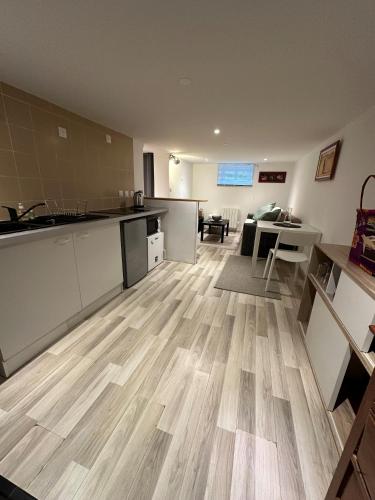 Il comprend une cuisine ouverte et un salon doté de parquet. dans l'établissement Appartement T2 à 13 km de Paris, à Morangis
