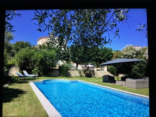 a swimming pool in the yard of a house at Vacances paisibles in Alata