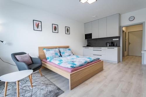 a bedroom with a bed and a table and a chair at Edmund's apartments 21 in Olomouc