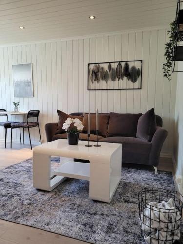 - un salon avec un canapé et une table basse dans l'établissement Riverside apartment in Skien, à Skien