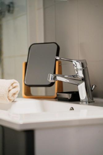 - un miroir installé au-dessus d'un lavabo dans l'établissement Moderne lumineux centre ville et plage à 5 min Proche place Strasbourg, à Brest