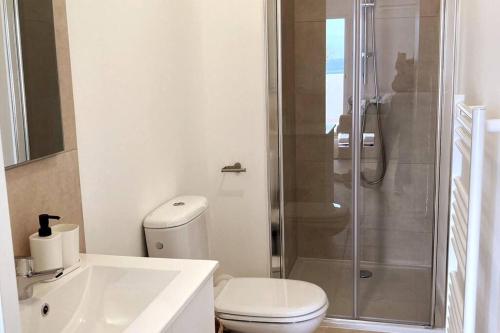 une salle de bain avec une douche, des toilettes et un lavabo dans l'établissement Studio 2 personnes vue mer et pieds dans l'eau, à Linguizzetta
