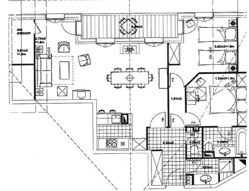 a black and white floor plan of a house at Arc 1950, Hameau du Glacier, Dernier étage , 63m2 , 5m de hauteur sous plafond dans le séjour, Cheminée, Balcon Sud, Piscine, ski aux pieds in Bourg-Saint-Maurice
