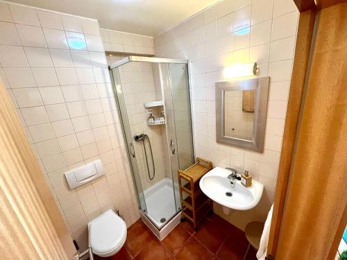 ein Bad mit einer Dusche, einem Waschbecken und einem WC in der Unterkunft HSH Gomeira Cabanas Beach in Cabanas de Tavira
