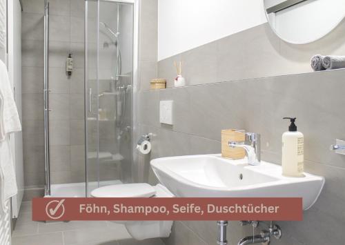 a bathroom with a sink and a shower at African-Style Apartment - stadtnah, Parkplatz, E-Ladestation für Auto & Fahrräder, Gitterbox für Fahrräder, Fitnessstudio in Koblenz