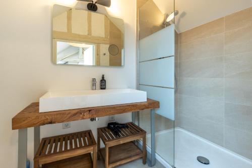 ein Bad mit einem Waschbecken, einem Spiegel und einer Dusche in der Unterkunft Le Cottage de Chitenay in Chitenay