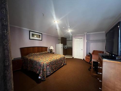 Habitación de hotel con cama y TV de pantalla plana. en Pam Motel Clute Lake Jackson Freeport, en Clute