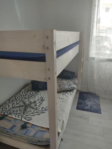 deux lits superposés dans une chambre avec fenêtre dans l'établissement Appt bord de mer /rez de jardin, à Notre-Dame-de-Monts