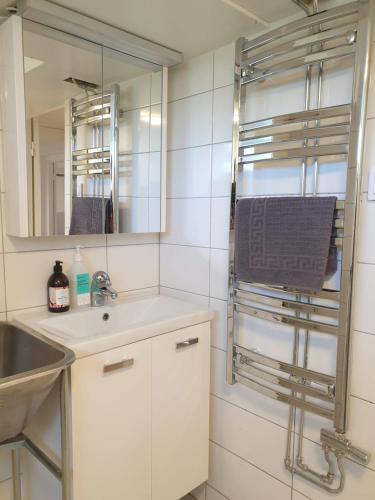 a bathroom with a sink and a mirror at Spacious and cozy semi-basement in Lund