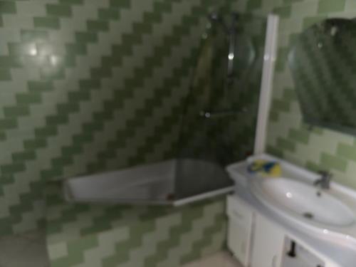 a bathroom with a green and white checkered wall at Alpha house in Ndangane