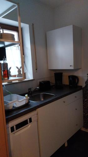 a kitchen counter with a sink and a window at Beas Ferienglück in Busenberg