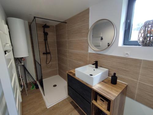 łazienka z umywalką i lustrem w obiekcie Chalet - Proche circuit - Au Calme w mieście Spay