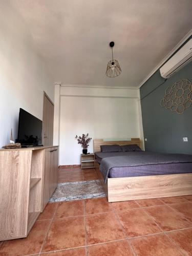 a bedroom with a bed and a flat screen tv at Olympus Apartments in Paralia Katerinis
