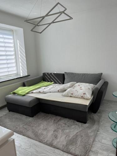 a bed in a living room with a couch at Charmantes Ferienhaus - Velden in Fahrendorf