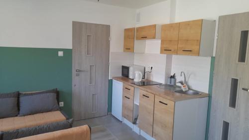 a small kitchen with a sink and a microwave at Apartament u Krystynki in Kętrzyn