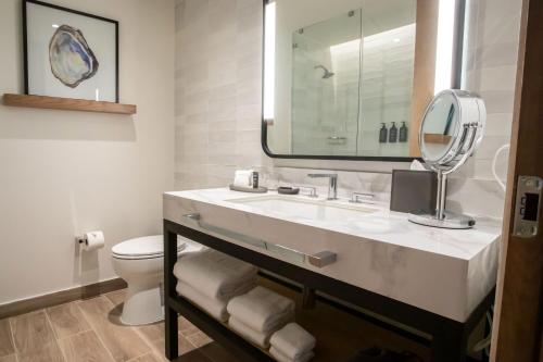a bathroom with a sink and a mirror and a toilet at Courtyard by Marriott Santo Domingo Piantini in Santo Domingo