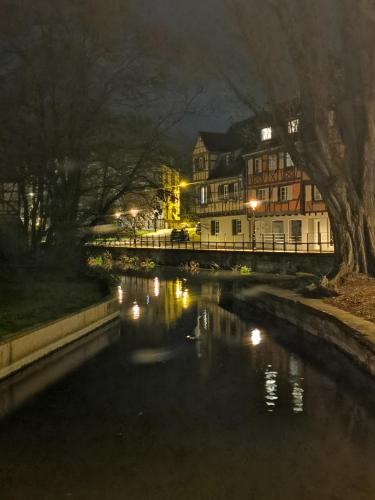 a river at night with houses and a town at Chambre dans appartement in Colmar