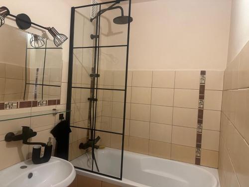 a bathroom with a shower and a sink at Apartament Perła in Gdańsk
