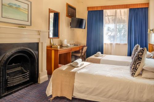 MiddelburgにあるKaroo Country Innのベッド2台と暖炉付きのホテルルームです。