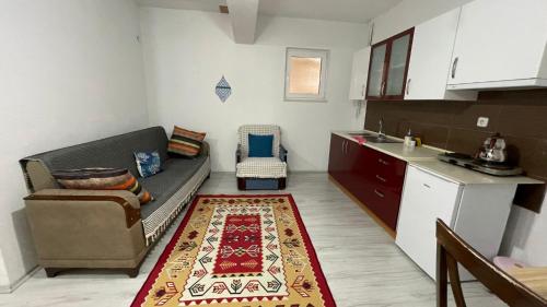 a living room with a couch and a kitchen at Şahan Apart in Gökçe