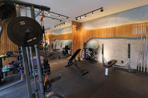 einen Fitnessraum mit mehreren Laufbändern und Gewichten in einem Zimmer in der Unterkunft Studios Charmosos Granja Brasil Itaipava in Itaipava