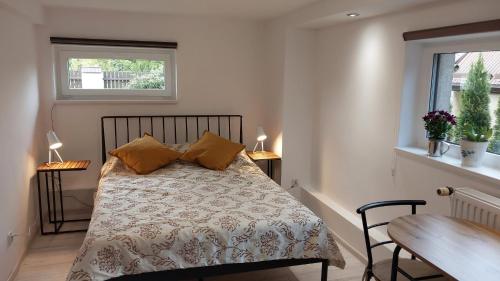 sypialnia z łóżkiem, stołem i oknem w obiekcie Apartament Kopytko w Bielsku Białej