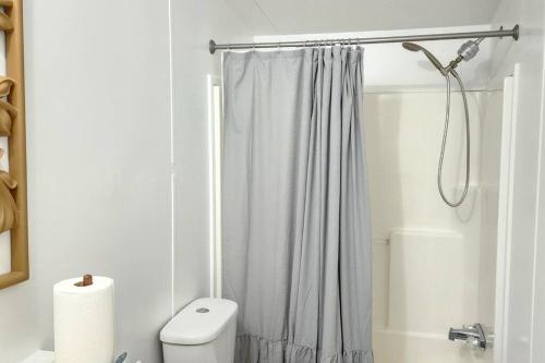 a white bathroom with a shower curtain and a toilet at Sea Island Seclusion Marsh View with Beach Pass in St. Helena Island