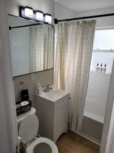 uma casa de banho com um WC, um lavatório e um chuveiro em Davenport Dwellings Midtown Convenience em Omaha