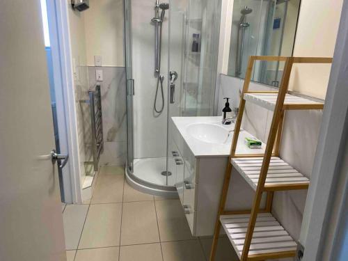 a bathroom with a shower and a white sink at 3 bed apartment with stunning harbour views in Lower Hutt