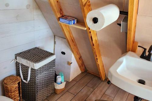 a bathroom with a sink and a toilet paper roll at A Secluded Quiet Oasis with Beach Pass in St. Helena Island