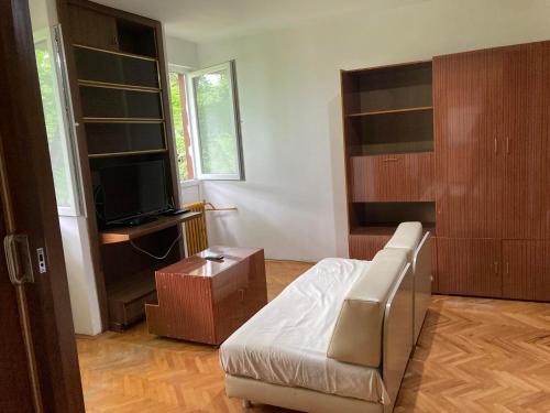 uma sala de estar com uma cama e uma televisão em Zaga em Skopje