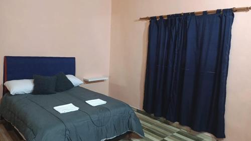 een slaapkamer met een blauw bed en een blauw gordijn bij CASA DE CAMPO SAN JOSE in Tinogasta