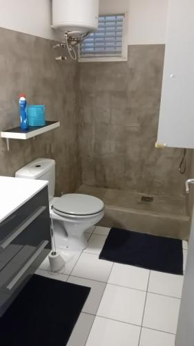 La salle de bains est pourvue de toilettes et d'une baignoire. dans l'établissement Kaz a Moal, à Sainte-Anne