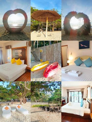a collage of photos of a hotel room with an umbrella at Chaithalay Khanom Resort in Ban Phang Phrao