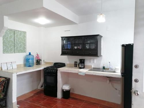 uma cozinha com armários pretos e um fogão preto em La casa 19 em Cancún
