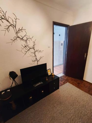 a living room with a tv on a wall at Refúgio de Arez-Alojamento Local in Arez